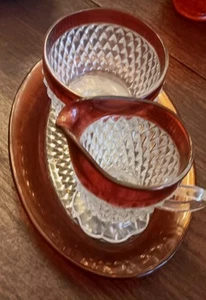 Vtg.Indiana Glass Diamond Point Ruby Red Flash Tray Sugar Bowl & Creamer Elegant - Picture 1 of 3