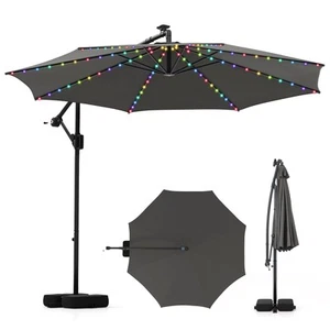 10 FT Solar Offset Hanging Umbrella w/96 Solar Multi-colored Flowing LED Lights - Picture 1 of 10