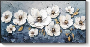 Große gerahmte blau-weiße Blumen Wandkunst für Wohnzimmer, modern modern - Bild 1 von 2