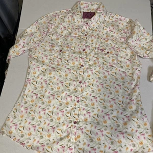 Cowgirl Hardware Pearl Snap Shirt Womens Large Pink Yellow Floral Western Style - Picture 1 of 16