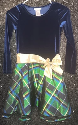 Girl's Bonnie Jean Christmas dress size 10 plaid navy blue green velvet, flare - Image 1 of 4