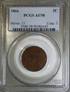 1866 Two Cent Piece 2C PCGS AU58 OLD BLUE HOLDER - Picture 1 of 7