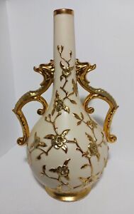 Antique Robert Hanke Bohemia Austria Gold/White Dragon Handle Floral Vase Rare!!