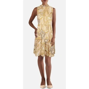 CALVIN KLEIN Womens Paisley Mini Sleeveless Sheath Dress Gold 4 - Picture 1 of 2