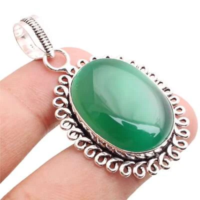 Verde Onice Gemma 925 Ciondolo Placcato Argento Handmade Gioielli Regalo 3.9cm - Immagine 1 di 3