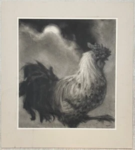 FINA PINTURA PASTEL CONTEMPORÁNEA de pollo o gallo por la noche firmada ilegible - Imagen 1 de 10