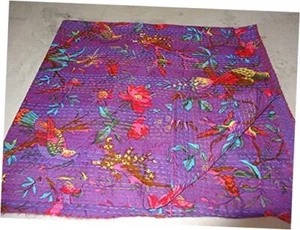 Indian Handmade Cotton Bird Print Kantha Quilt Queen Queen 108x90 Inches Purple - Picture 1 of 6