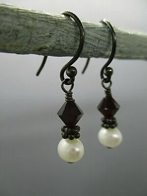 925 Sterling silver 4mm pearl drop dark red stone hook pierced earrings 1.5g -1" - Image 1 of 4