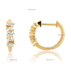 Baguette Diamond Cluster Huggies Earrings 14k Gold Stacked Diamond Earrings - Picture 1 of 3