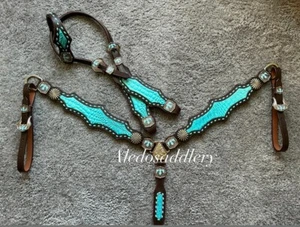 Western Brown  Leather  Tack Set Of Head Stall/Breast Collar - Picture 1 of 1