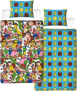 Super Mario Nintendo Gang Single Duvet Cover | Reversible Two Sided Design Set - Picture 1 of 5