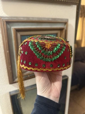 vintage handmade costume fez hat Beaded Sequin Tassel Green & Gold - Image 1 of 4