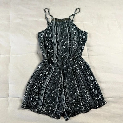 American Eagle 黑色白色女式 XXS 波西米亚褶边节日花卉连身裤 — 第 1/4 张图片