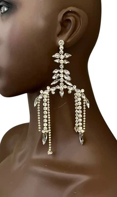 "Pendientes largos de 6"" con flecos largos de cristal transparente con flecos para fiesta de noche" Foto 1 de 3