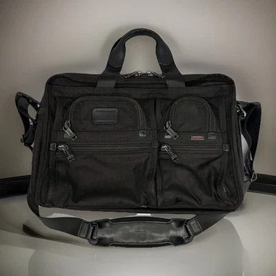 Tumi Briefcase Shoulder Bag Black 26141DH Leather Nylon Expandable w/Strap - Image 1 of 4