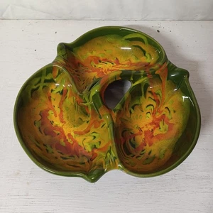 Vtg California Original 332 USA  3 Section Snack Dish Leaf Center Handle Ceramic - Picture 1 of 7