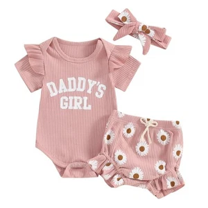 Newborn Baby Girl Clothes Daddys Girl Short Sleeve Romper Floral Shorts Headb... - Picture 1 of 6