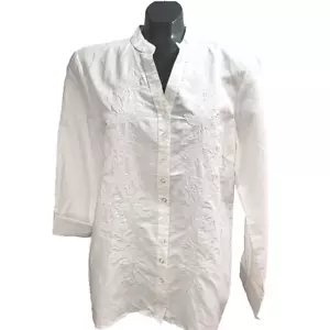 Tweeds Blouse 100% Linen Shirt White Long Roll Tab Sleeve Embroirder Size XL NEW - Picture 1 of 19