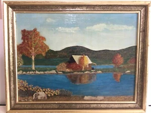 Vintage Folk Art Maine Cabin Mountains on Board Gold Frame - Maine Estate - Picture 1 of 7