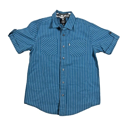 Camisa Shaun Blanca Azul Teal Rayas Abotonada Manga Corta Niños Mediana Cuello M Foto 1 de 4