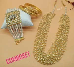 Indian Bollywood Pearl Combo Jewelry Necklace With Gold Tone Chain For Women - Picture 1 of 1