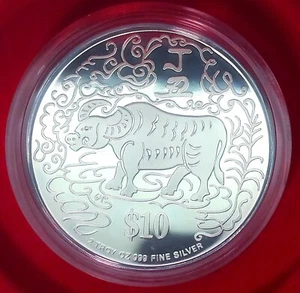 Singapore Ox Piedfort Silver 2oz Proof 10 Dollars 1997 - UNC with Box, Case - Picture 1 of 4
