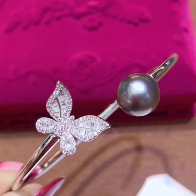 Pulsera Alta Joyería 11-10mm Mar del Sur Negra Perla Redonda 925S Foto 1 de 4