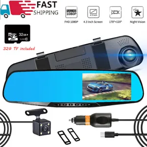 4 in Mirror Dash Cam FHD Dual Lens Car DVR Front Rear Video Recorder+32GB TF UK - Picture 1 of 10