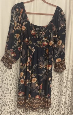 Angie Boho Metal Plunge Neckline Floral Tunic “Charcoal” Dress Large Retail $45 - Image 1 of 4