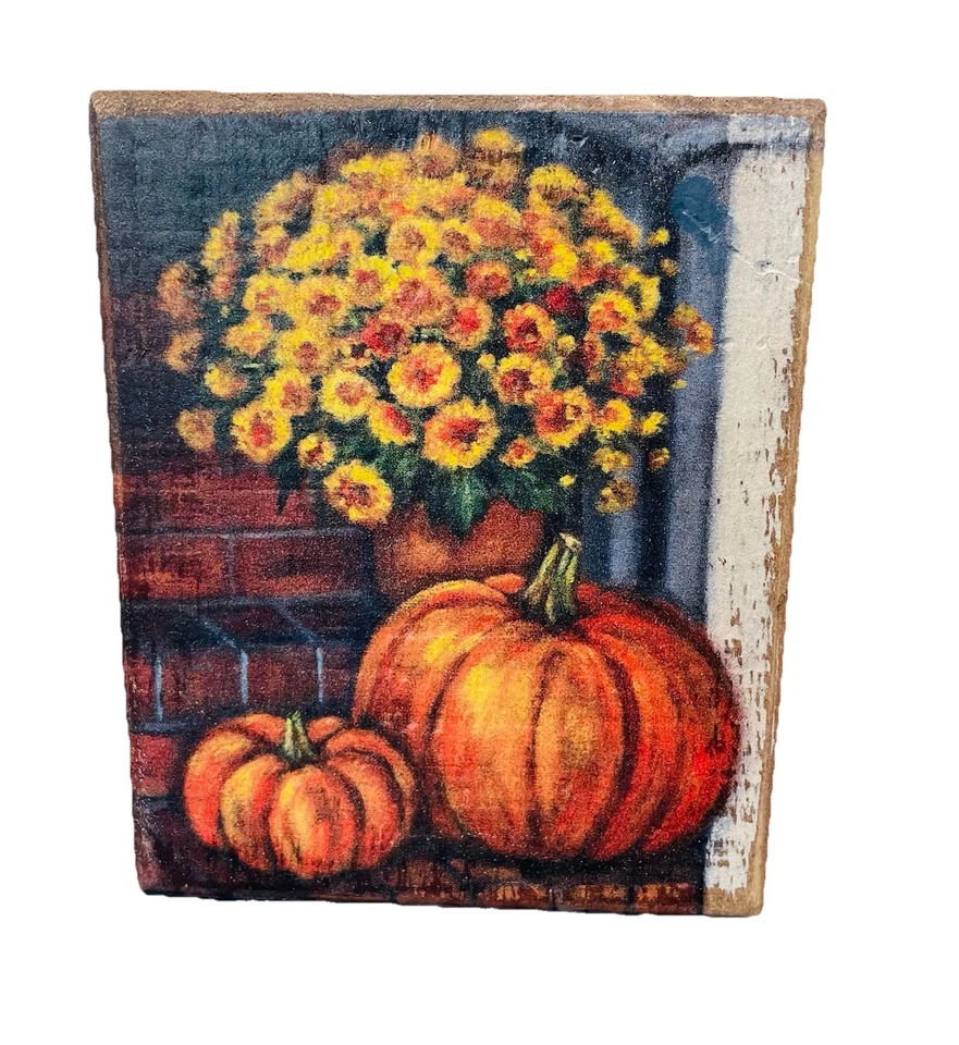 Primitives By Kathy Porch Steps and Pumpkins Wood Sign 5" x 4" Floral Fall - Image 1 of 4