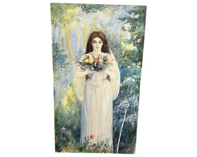 Antiga Era ART NOUVEAU CESTA DE SENHORAS E FRUTAS Antigo RETRATO DE JARDIM Guache PINTURA - Imagem 1 de 4