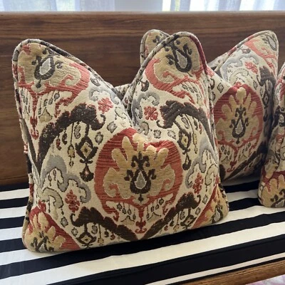 Set of 3 Ikat Damask Tapestry Decorative Feather Throw Pillows Boho Traditional - Image 1 of 4