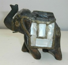 Antique Wooden Elephant Decor in Mother of Pearl and Copper