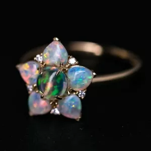Anello di fidanzamento diamante opale fuoco messicano e opale australiano oro giallo 18K - Foto 1 di 10