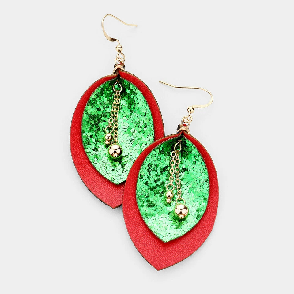 Marquise Earrings Faux Leather 2.6"Drop Glitter Chain Bell GOLD RED GREEN - Изображение 1 из 1