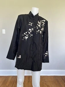 Yi Lin Silk Blouse Size Medium Black Floral Embroidered Asian Button Tunic Top - Picture 1 of 6