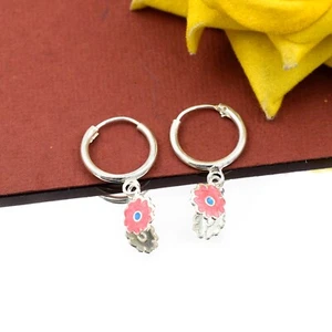 Pink Enamel Hoops Handmade 925 Sterling Silver Earrings For Women Minimalist - Picture 1 of 6