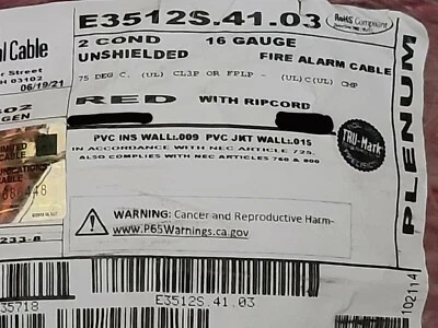 Carol E3512S 16/2C Solid Plenum Alarm Media Cable Wire FPLP/CL3P Red /100ft - Image 1 of 4