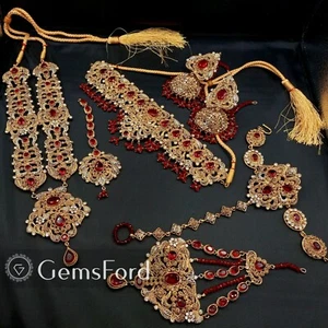 Neu komplett handgefertigt Braut Mala Set indisch pakistanisch Halsband Jhummar Tikka Ohrringe - Bild 1 von 50