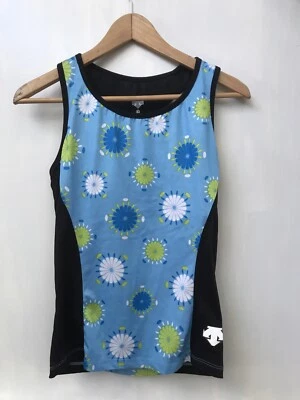 Sujetador deportivo Descente camiseta de ciclismo azul negro patrón floral para mujer L Foto 1 de 3