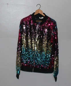 Anna Kaci NWT XL Rainbow Sequin Bomber Jacket Disco Mod Diva Pride 46 Chest - Picture 1 of 6