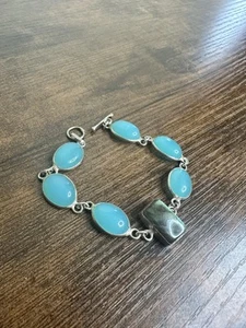 Brazalete de plata de ley 925 con 6 piedras preciosas calcedonia azul eslabones ajustables - Imagen 1 de 5