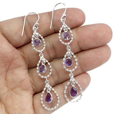 Pendientes de plata de ley 925 pera amatista 6x4 mm joyas de piedras preciosas naturales Foto 1 de 4