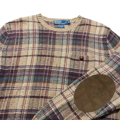 De Colección Polo Ralph Lauren Suéter Hombres Grande Marrón Cuadros Cachemira Gamuza Codo Parches Foto 1 de 4
