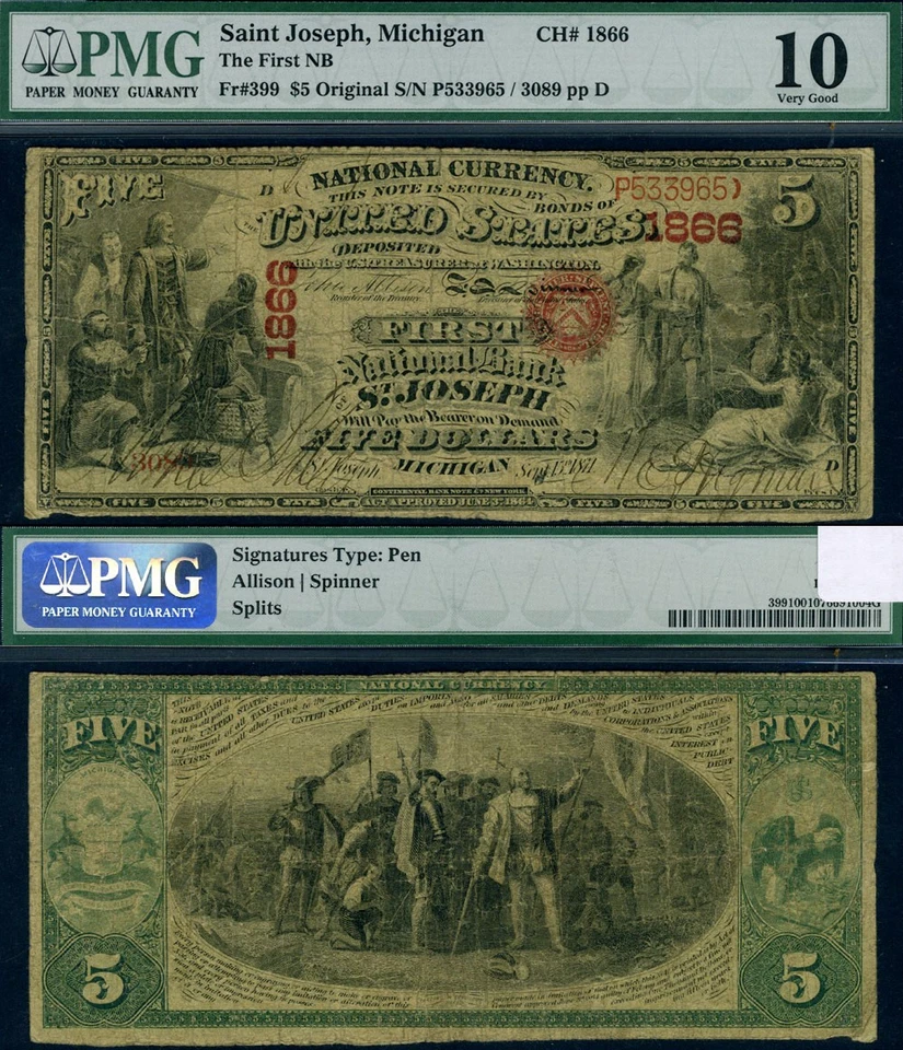 St. Joseph MI $5 Original National Bank Note Ch #1866 FNB PMG VG10 - Image 1 of 1