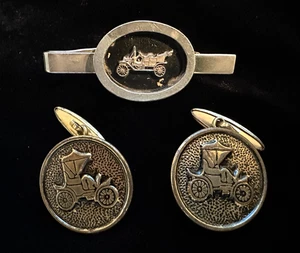 VTG Cufflink Tie Clip Model T Car Lot Brass Gold Tone Ford MCM Menswear Retro - Picture 1 of 10