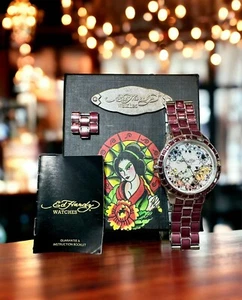 Vtg Y2K Ed Hardy Watch Wrist True Love Women Fuchsia Tattoo Stainless Jean Retro - Picture 1 of 15
