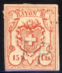 Schweiz 1852 15c Wappen Scott # 13 vz vier Ränder gebraucht RAR - Bild 1 von 2