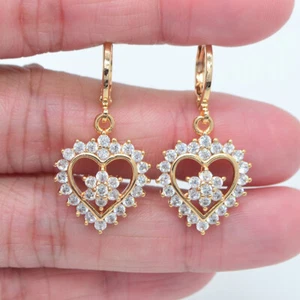 18K Yellow Gold Filled Women Romantic Rose Red Topaz Flower Heart Drop Earrings - Picture 1 of 6