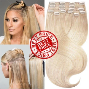 CLEARANCE Clip In Real Remy Human Hair Extensions 8 Pieces Full Head Long Blonde - Picture 1 of 32